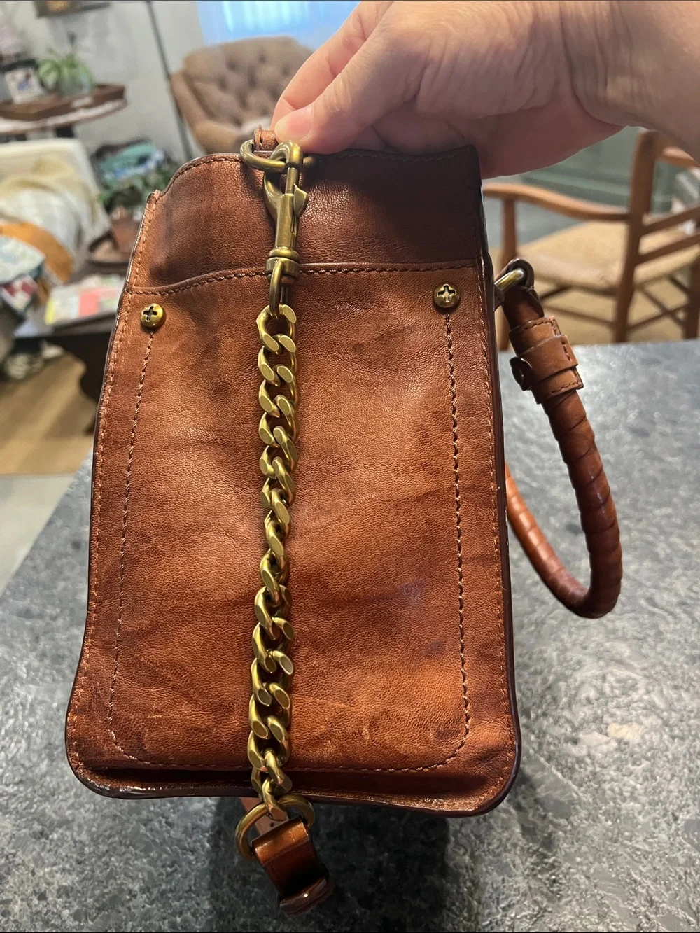 Frye Cognac Brown Leather Satchel with Chain-Leather Strap
